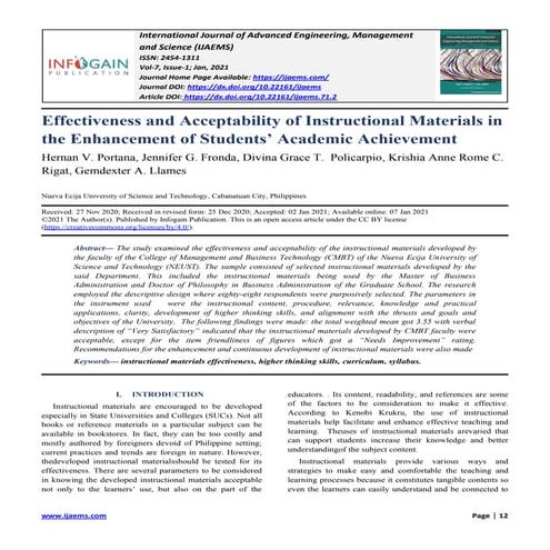 Effectiveness and Acceptability of Instructional Materials in the Enhancement...
