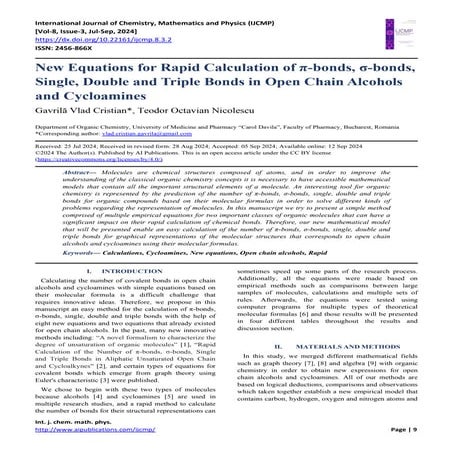 New Equations for Rapid Calculation of π-bonds, σ-bonds, Single, Double and Triple Bonds in Open Chain Alcohols and Cycloamines