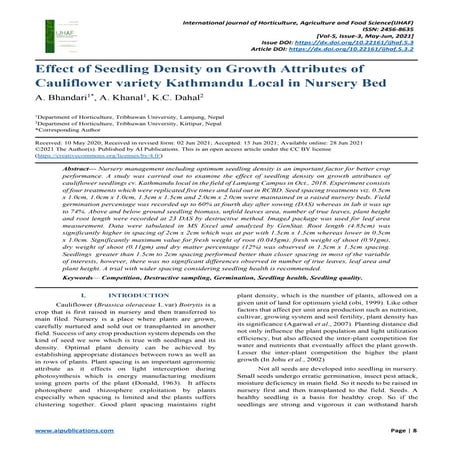 Effect of Seedling Density on Growth Attributes of Cauliflower variety Kathma...