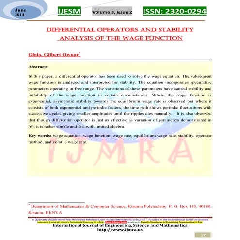 DIFFERENTIAL OPERATORS AND STABILITY ANALYSIS OF THE WAGE FUNCTION