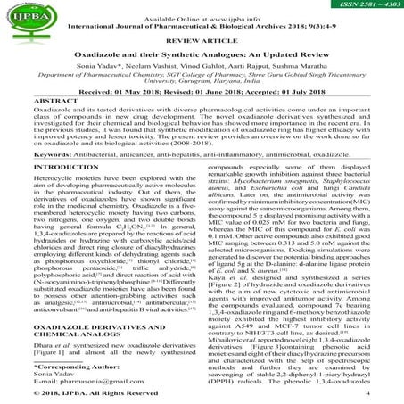Oxadiazole and their Synthetic Analogues: An Updated Review