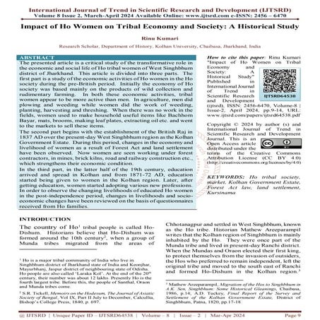 Impact of Ho Women on Tribal Economy and Society A Historical Study | PDF