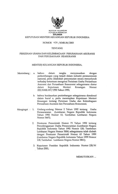 kmk426/2003 tentang perizinan usaha dan kelembagaan perusahaan asuransi dan p...