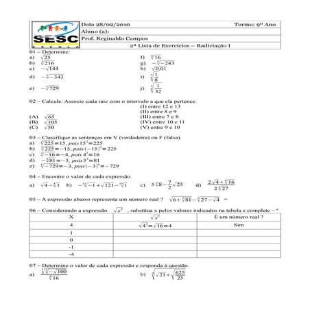 2ª Lista de Matematica 9º ano - SESC ESCOLA