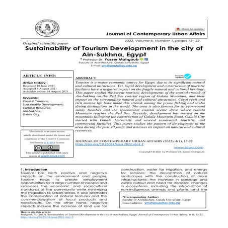 Sustainability of Tourism Development in the city of Ain-Sukhna, Egypt