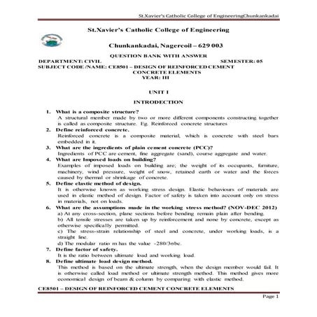 2 marks Question with Answer for Design of Reinforced Cement Concrete Elements 