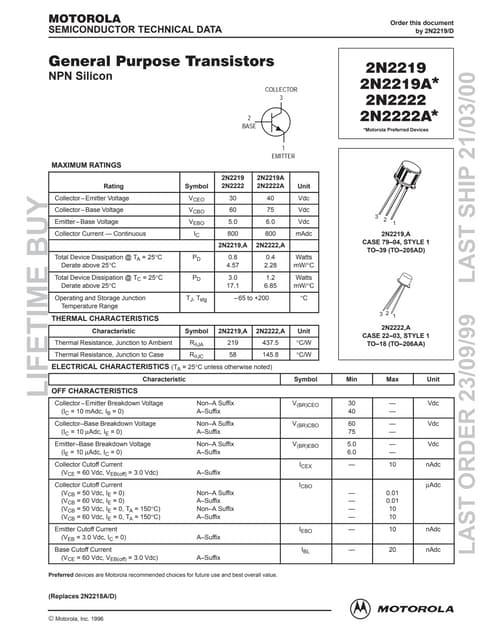 2N2222/2N222A Transistor data sheet