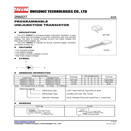 Original Transistor 2N6027 6027 TO-92 New UTC