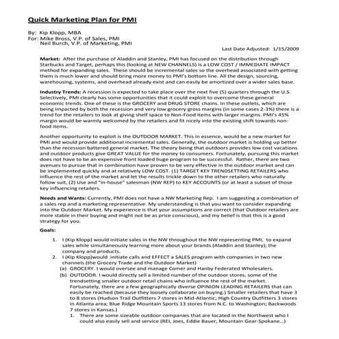 2nd Sample Of A Quick Marketing Plan