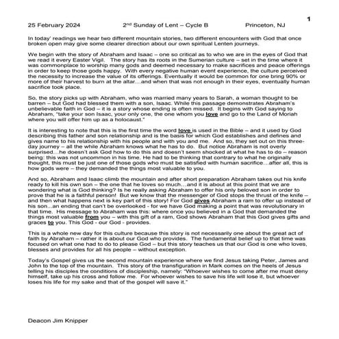 Homily: Second Sunday in Lent, Cycle B, 2024