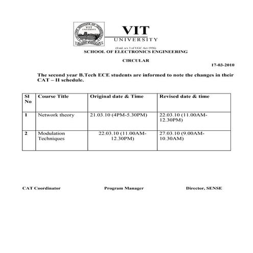 Cat I Master Time Table | DOC