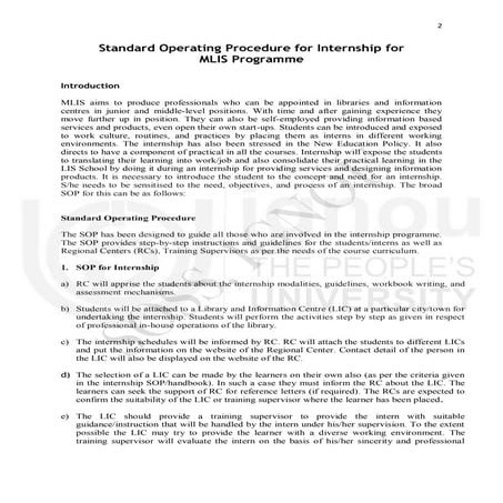 SOP for MLIS Internship useful operating the MLISC course | PDF