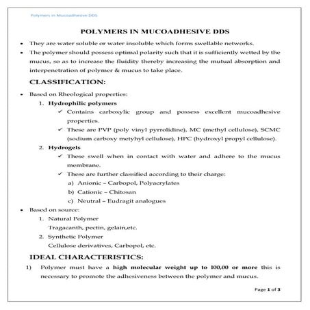 Polymers - Mucoadhesive Drug Delivery