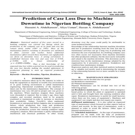 Prediction of Case Loss Due to Machine Downtime in Nigerian Bottling Company