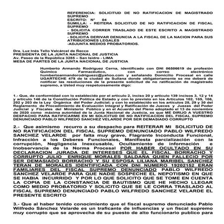 mason peruano humberto armando rodriguez cerna reitera solicitud de no ratificacion de fiscal supremo corrompido  pablo sanchez velarde 