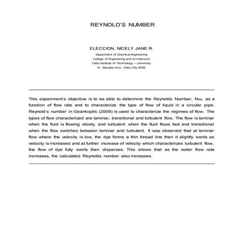 Reynolds Number Final Report in LAB 1