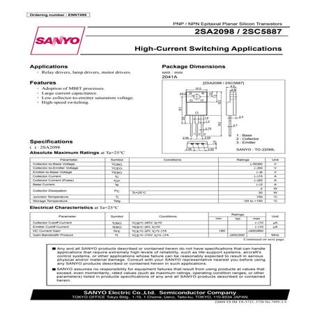 Original PNP Transistor 2SA2098 SA2098 2098 TO-220 New Sanyo