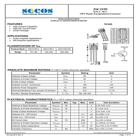 Original NPN Transistor 2SC3199 C3199 3199 TO-92 New Secos | PDF
