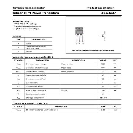 Original NPN Transistor 2SC4237 C4237 10A 1200V TO-247 New | PDF