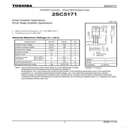 5 Transistor 2SC5171 NPN 2A 180V 2W &ndash; Originali TOSHIBA, Nuovi