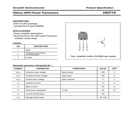 Original NPN Transistor 2SD718 D718 8A 120V TO-3P New KEC | PDF