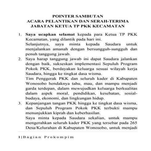 2 sept, sambutan bupati wonosobo pelantikan ketua tp pkk kecamatan