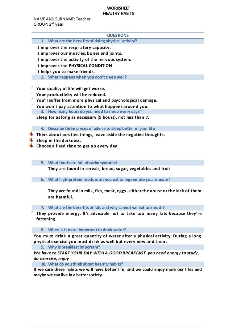 Worksheet Healthy Habits Answers 2nd Year