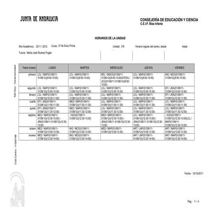 Horario grupos Tercero de la Educación Primaria Curso 2011 12