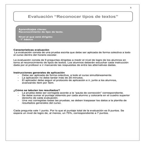 3. instrucciones evaluacion reconocer tipo de texto 1° Básico