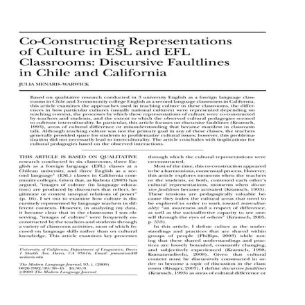 Co-Constructing Representations of Culture in ESL and EFL Classrooms: Discurs...