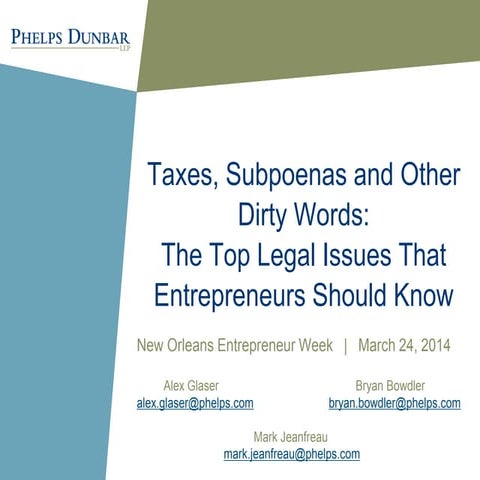Taxes, Subpoenas, and Other Dirty Words: The Top Legal Issues Entrepreneurs S...