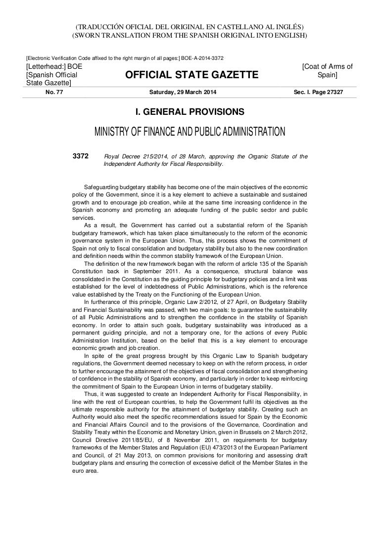 Royal Decree 215 2014 Of 28 March Approving The Organic