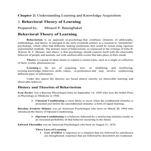 3. behavioral theory of learning 4. cognitive theoties of learning   mirasol ...
