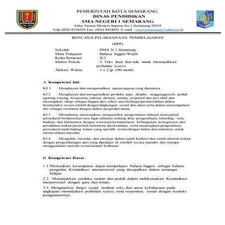 RPP BAHASA INGGRIS MENUNJUKKAN PERHATIANI KELAS X KURIKULUM 2013