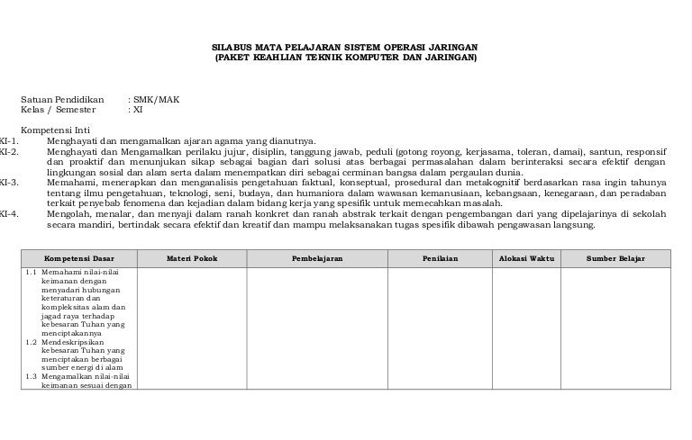Silabus Mata Pelajaran Sistem Operasi Jaringan