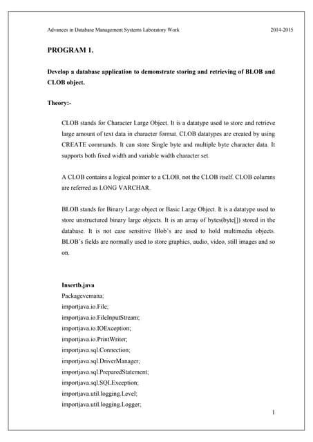 M.TECH 1ST SEM COMPUTER SCIENCE ADBMS LAB PROGRAMS