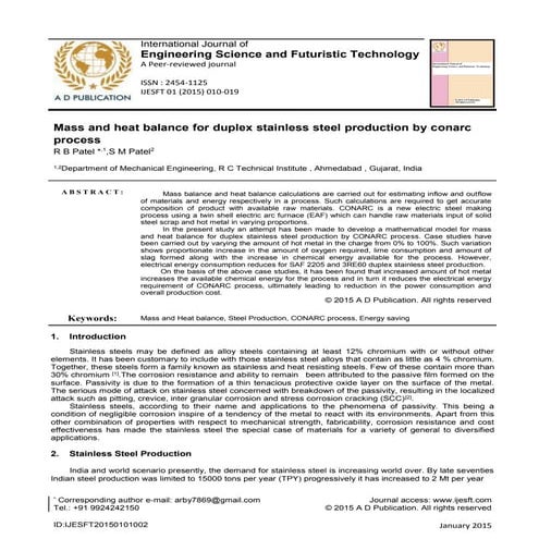 Mass and heat balance for duplex stainless steel production by conarc process