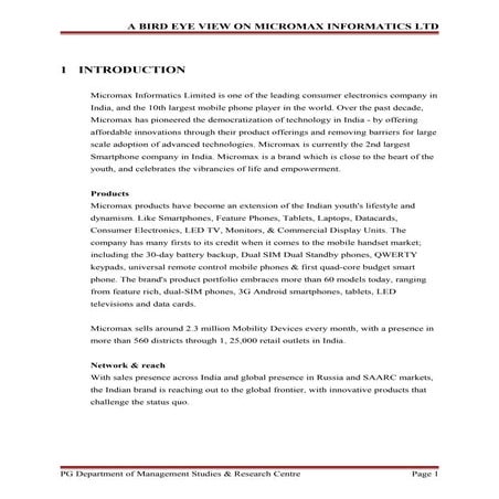 A bird eye view on "micromax infomatics ltd.,"