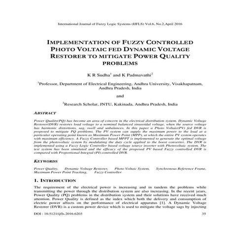 Implementation of Fuzzy Controlled Photo Voltaic Fed Dynamic Voltage Restorer...