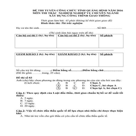 Đề thi công chức chuyên ngành xây dựng công trình giao thông đề 3