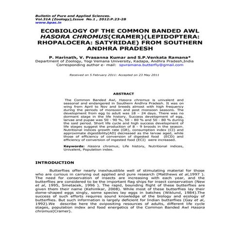 ECOBIOLOGY OF THE COMMON BANDED AWL HASORA CHROMUS(CRAMER)(LEPIDOPTERA ...