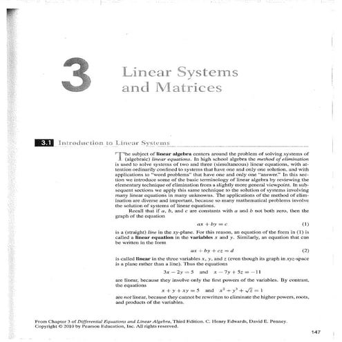 Linear Algebra and Differential Equations by Pearson - Chapter 3 | PDF
