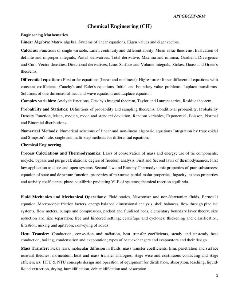 AP PGECET Chemical Engineering 2018 Syllabus