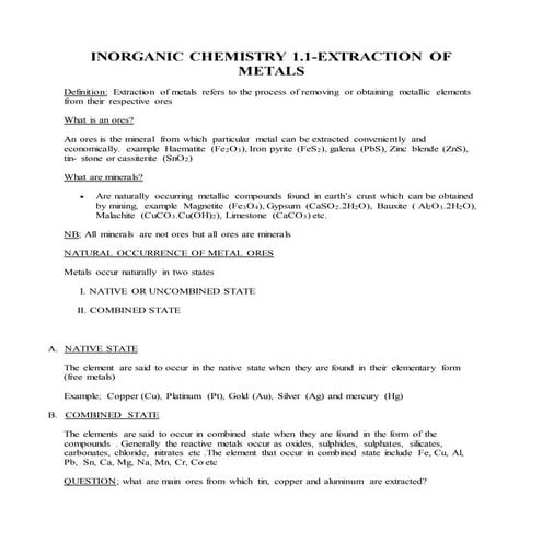 INORGANIC CHEMISTRY 1.1-EXTRACTION OF METALS
