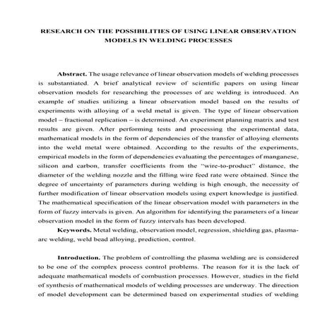 RESEARCH ON THE POSSIBILITIES OF USING LINEAR OBSERVATION MODELS IN WELDING PROCESSES