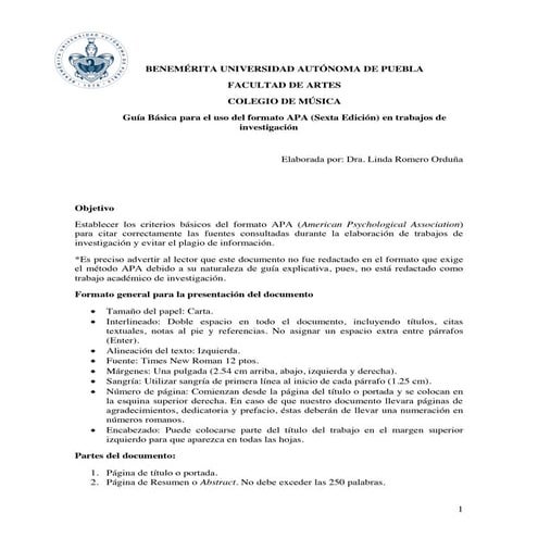 Guía Básica para el uso de APA, Dra. Linda Romero Orduña