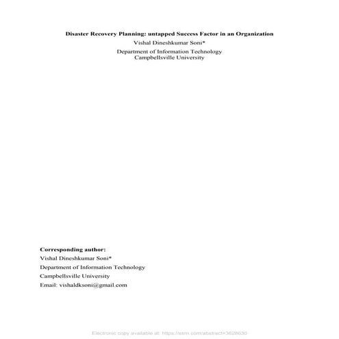 Disaster Recovery Planning: untapped Success Factor in an Organization