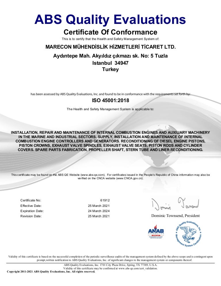 ABS Certificate of Conformance / Health and Safety Management System