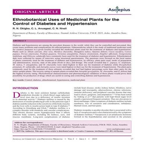 Ethnobotanical Uses of Medicinal Plants for the Control of Diabetes and ...