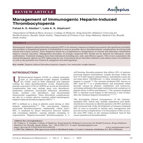 Management of Immunogenic Heparin-induced Thrombocytopenia
